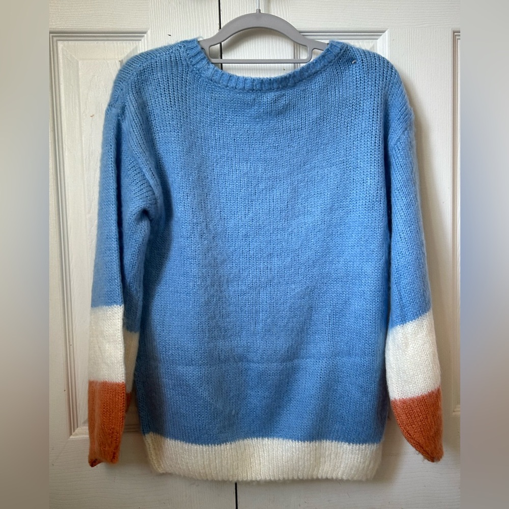 Nine West Brunch Colorblock Balloon Sleeved Light Weight Fuzzy Sweater